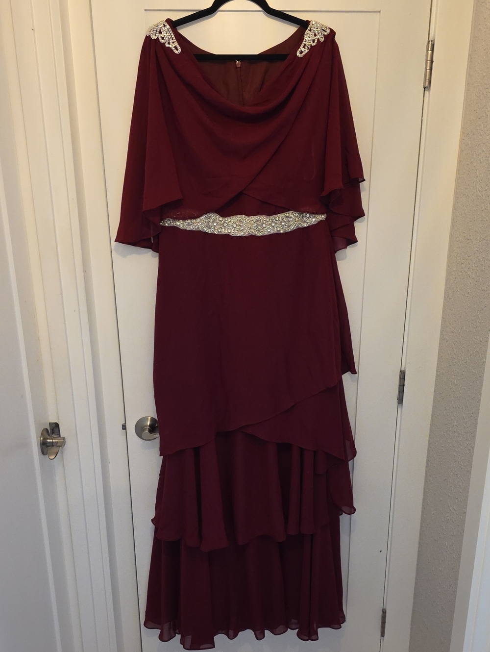 Burgundy Beaded Waist Maxi Dress with Draped Cape